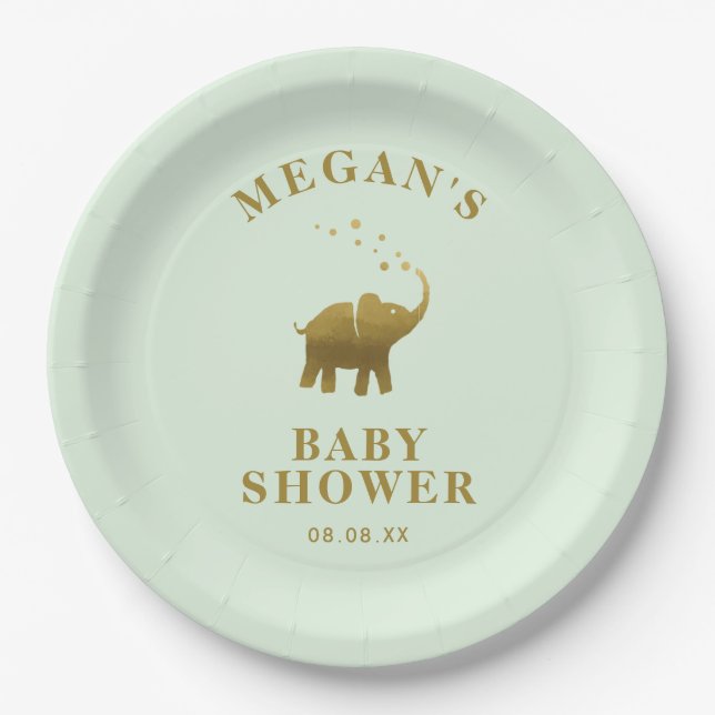 Golden Elephant Mint Green Baby Shower Paper Plate (Front)