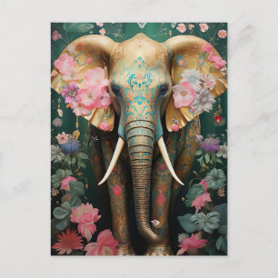 golden elephant with colorful flowers postcard