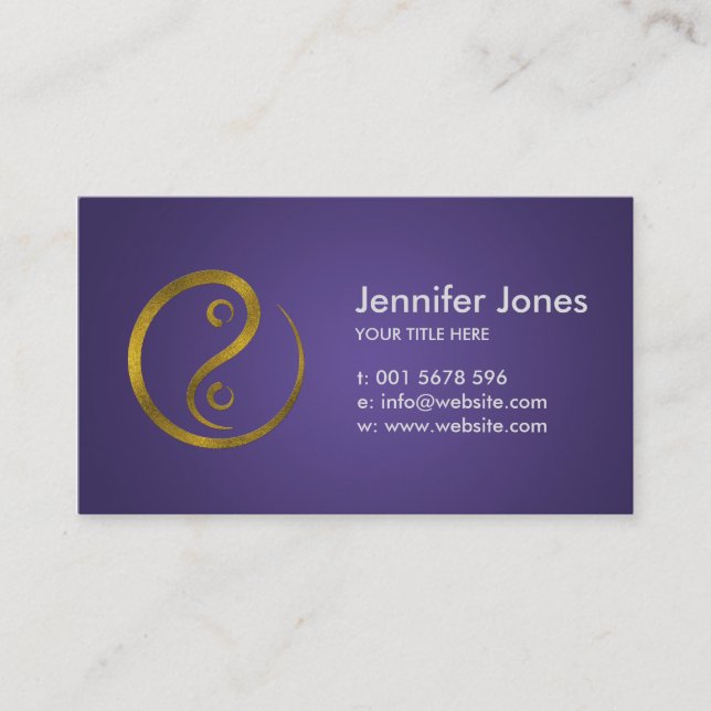 Golden Embossed Yin Yang symbol  on purple Business Card (Front)