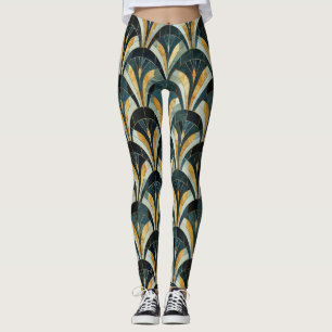 Golden Emerald Art Deco Fan Patterned Leggings