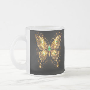 Golden Emerald Crystal Butterfly Frosted Glass Coffee Mug