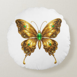 Golden Emerald Crystal Butterfly Round Cushion