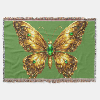 Golden Emerald Crystal Butterfly Throw Blanket