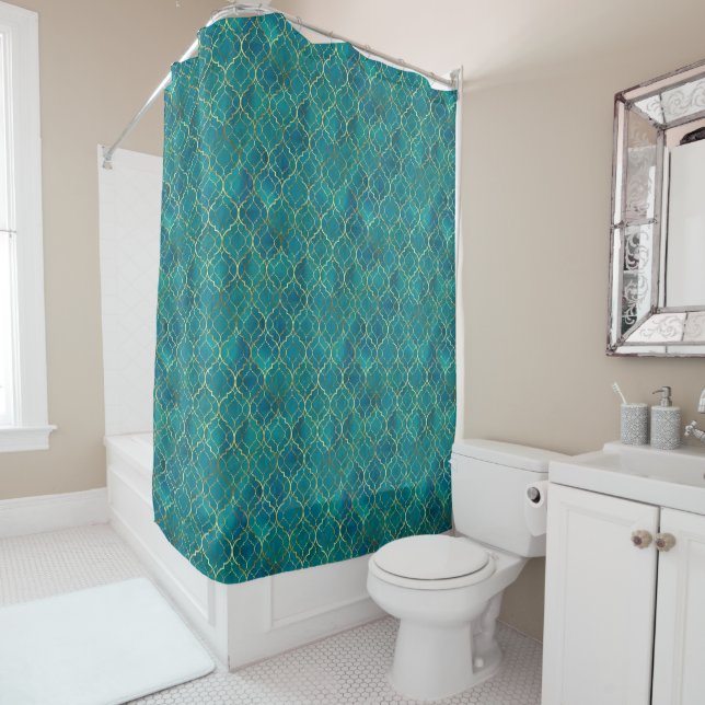 Golden Emerald Geometry Shower Curtain (In Situ)