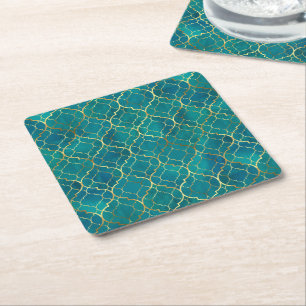 Golden Emerald Geometry Square Paper Coaster