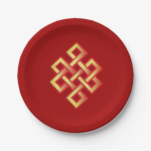 Golden endless knot on burgundy red paper plate
