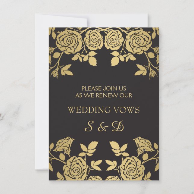 Golden English roses on black Vow Renewal Invitation (Front)