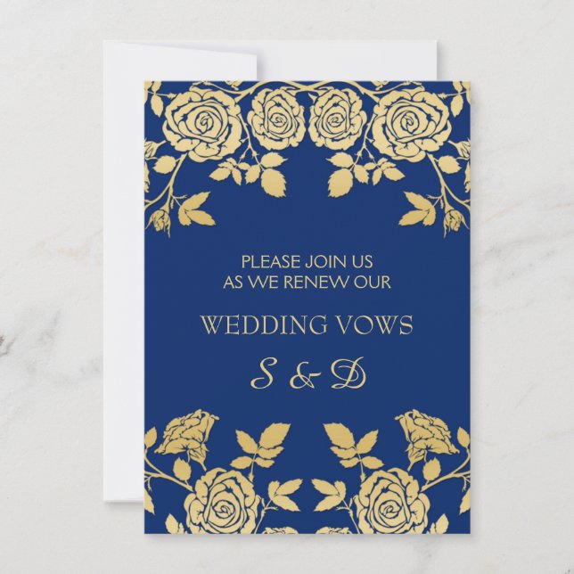 Golden English roses on blue Vow Renewal Invitation (Front)