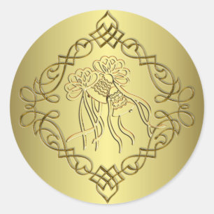 Golden Engraved Look Wedding Classic Round Sticker