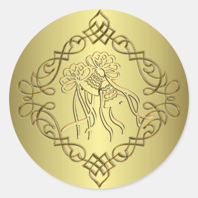 Golden Engraved Look Wedding Classic Round Sticker (Front)
