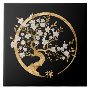 Golden Enso Zen Circle Sakura tree Tile