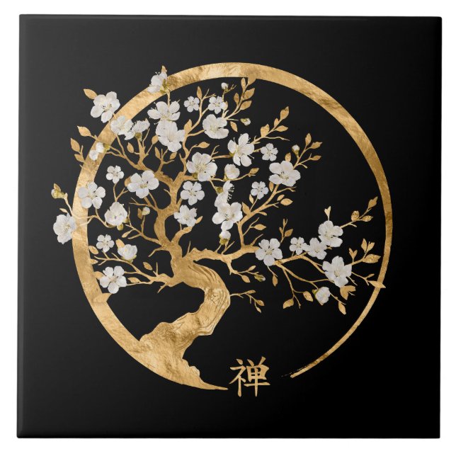 Golden Enso Zen Circle Sakura tree Tile (Front)