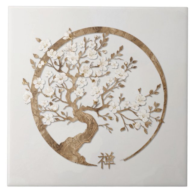 Golden Enso Zen Circle Sakura tree Tile (Front)