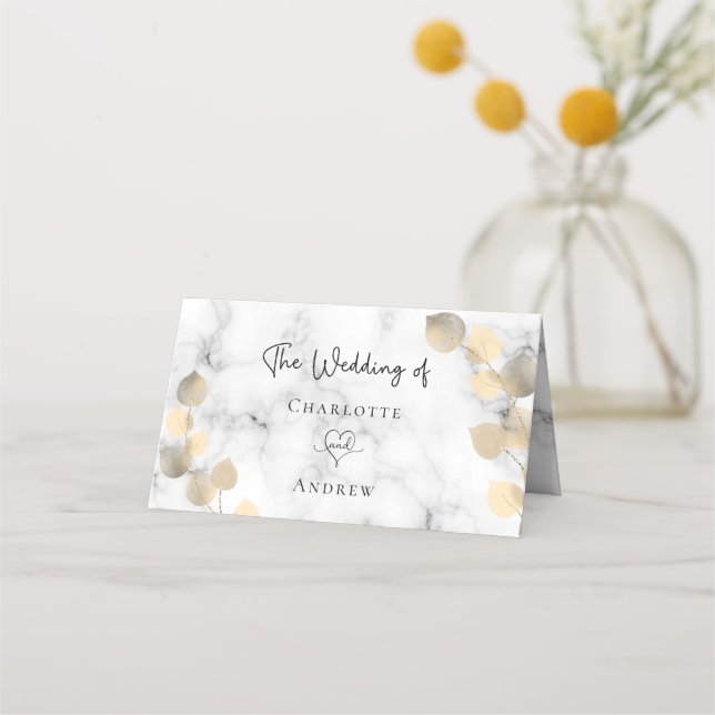 Golden eucalyptus foliage marble wedding place card (Back)