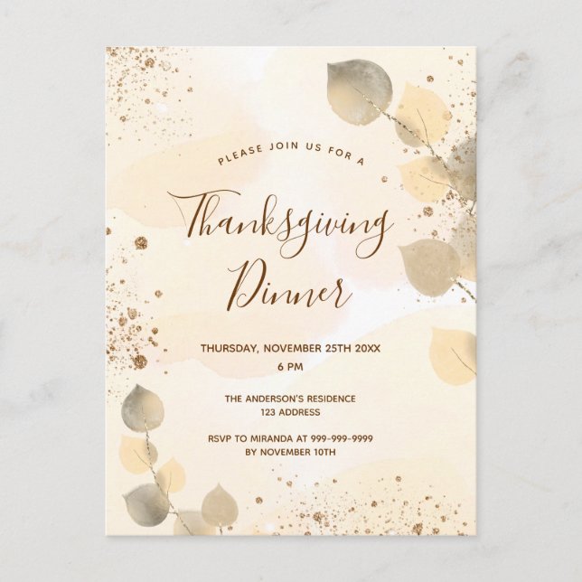 Golden eucalyptus foliage Thanksgiving Dinner Invitation Postcard (Front)