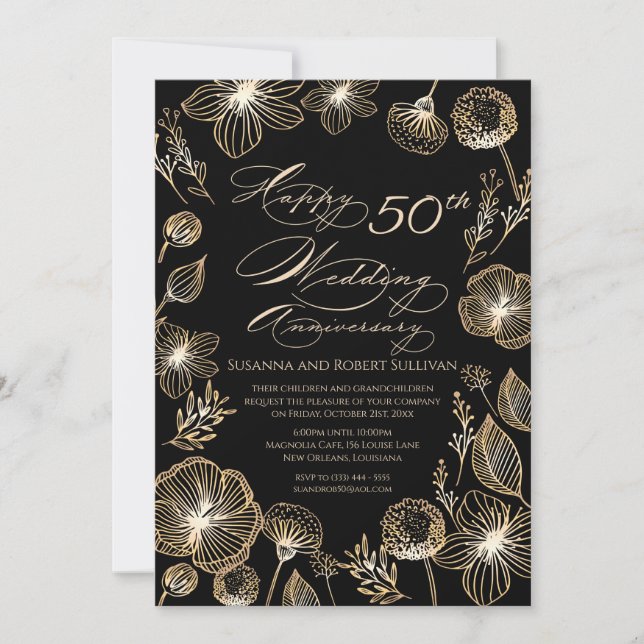 Golden exotic flowers 50th Wedding Anniversary Invitation (Front)
