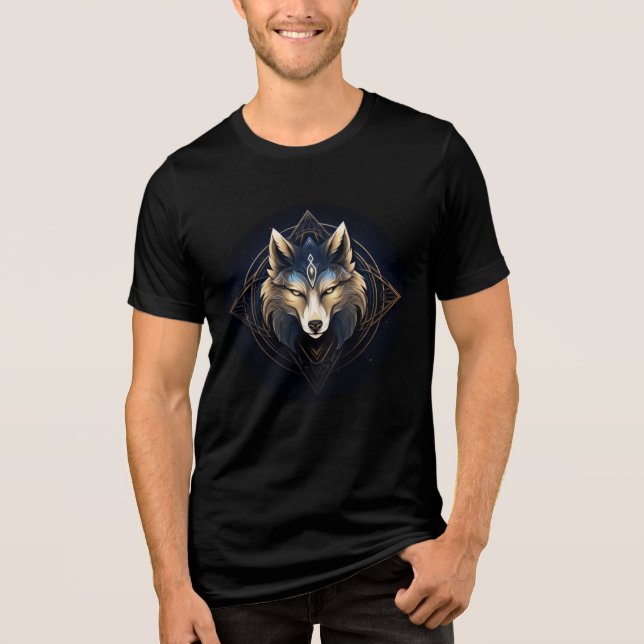 Golden-Eyed Wolf with Sacred Symbols Tri-Blend Shirt (Front)