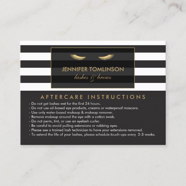 Golden Eyelashes with Stripes Lash Salon Aftercare Business Card (Front)