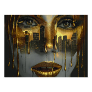 Golden Face Surrealist City Urban Digital Art Poster