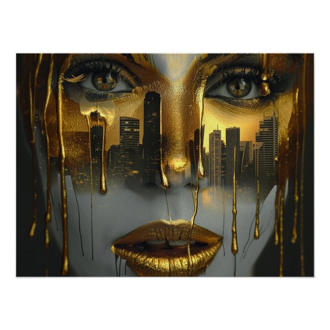 Golden Face Surrealist City Urban Digital Art Poster (Front)
