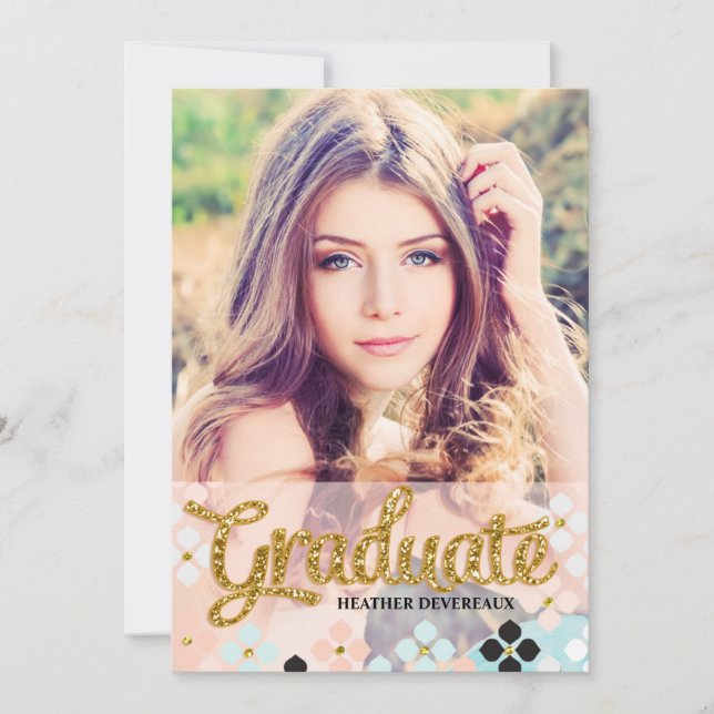 Golden Fake Glitter Senior Photo Graduation Invitation (Front)