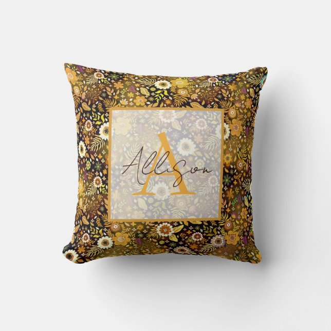 Golden fall floral personalised  throw pillow (Front)