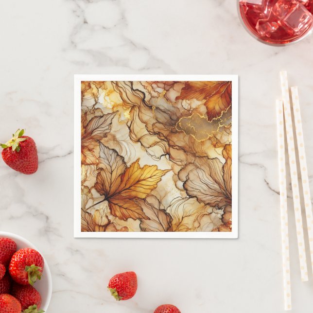 Golden Fall Leaves Alcohol Ink Decoupage Paper Napkin (Insitu)