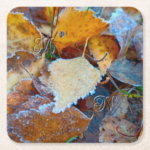 Golden Fall Leaves Morning Frost Customisable Square Paper Coaster