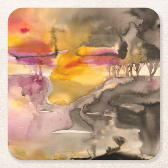 golden fall square paper coaster (Front)