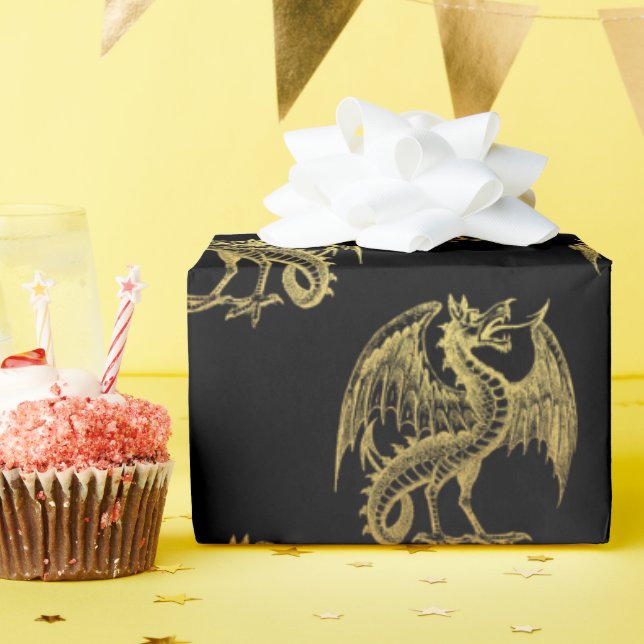 Golden Fantasy dragon party wrapping paper (Birthday Party)