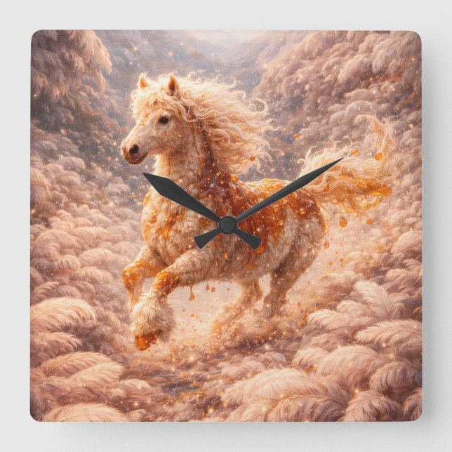 Golden Fantasy Horse Aesthetic Room Decor Square Wall Clock (Front)