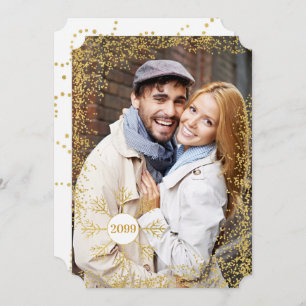 Golden Faux Glitter and Snowflake Christmas Photo  Holiday Card