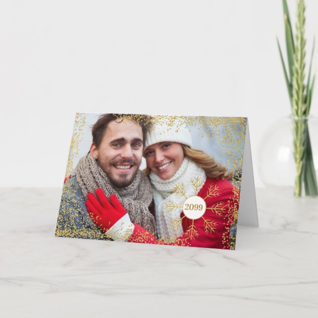 Golden Faux Glitter Snowflake Christmas Photo HORZ Holiday Card (Front)