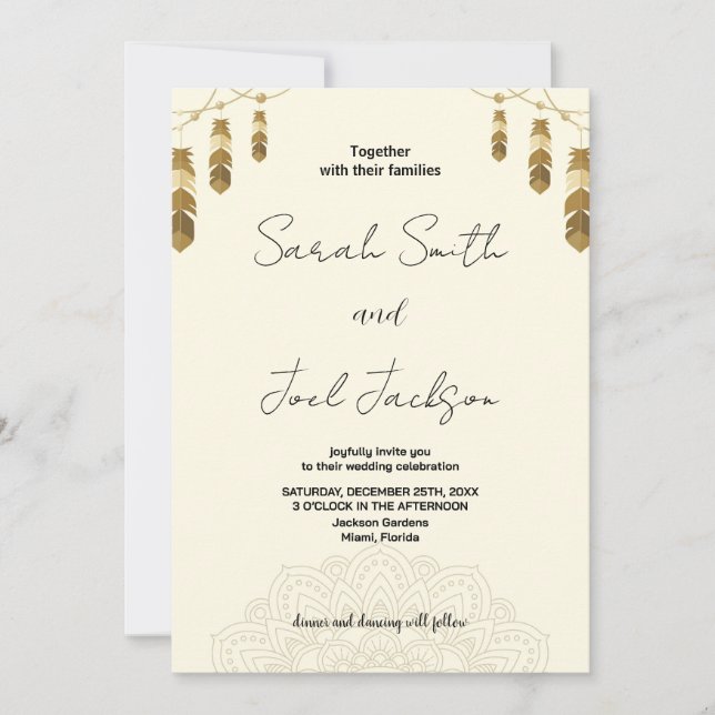 Golden Feather and Art Beige Wedding Invitations (Front)