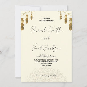 Golden Feather and Art Beige Wedding Invitations