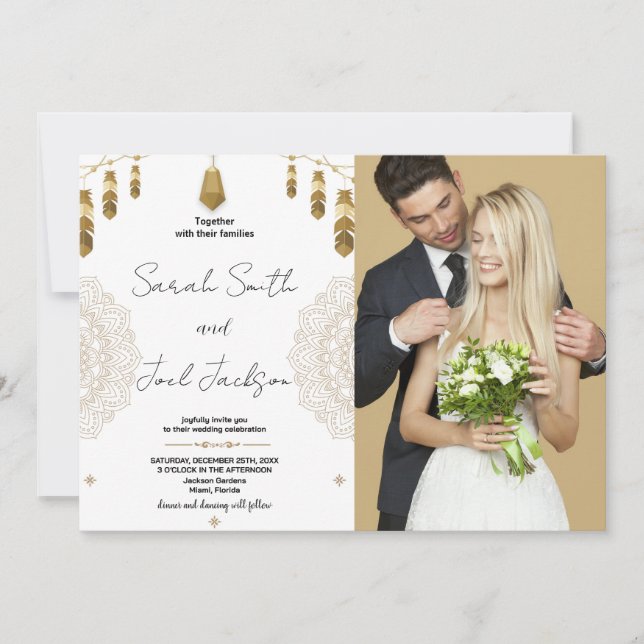 Golden Feather and Art Wedding Invitations w Photo (Front)