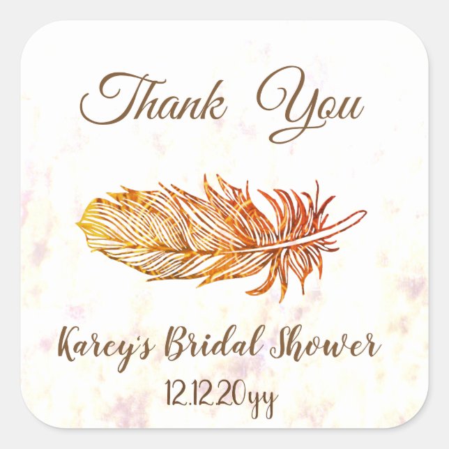 Golden Feather Bridal Shower Square Stickers (Front)