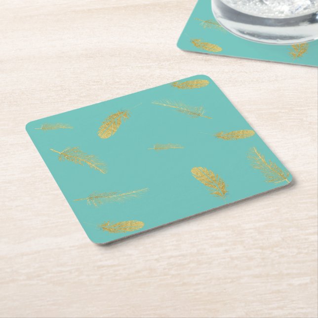 Golden Feathers Aqua Square Paper Coaster (Angled)