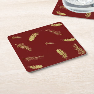 Golden Feathers Dark Red Square Paper Coaster