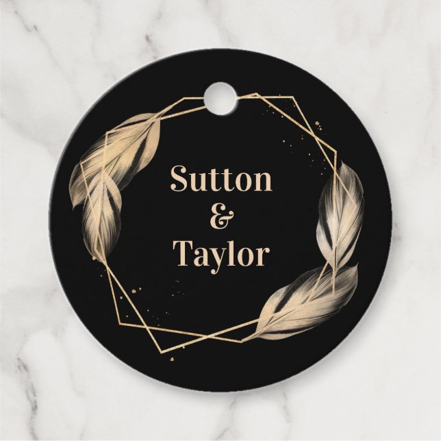 Golden Feathers on Black Favour Tags (Front)