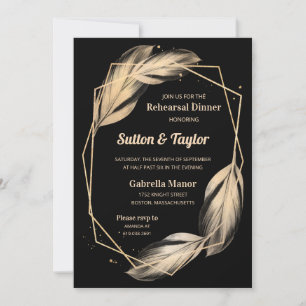 Golden Feathers on Black Rehearsal Dinner Invitation