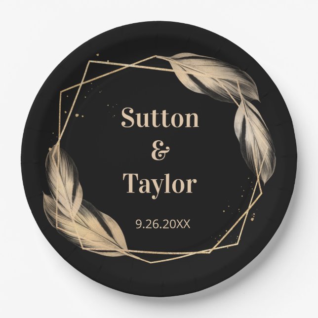 Golden Feathers on Black Rehearsal Dinner Paper Plate (Front)