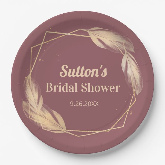 Golden Feathers on Mauve Bridal Shower Paper Plate (Front)
