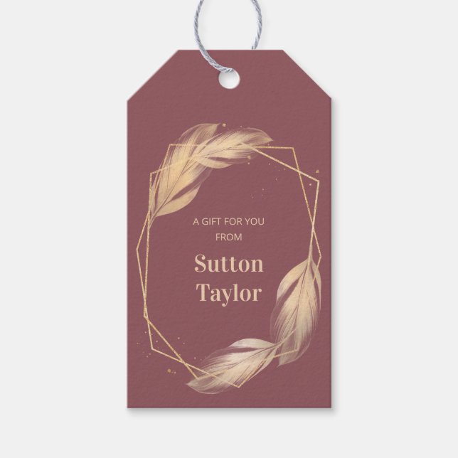 Golden Feathers on Mauve Gift Tags (Front)