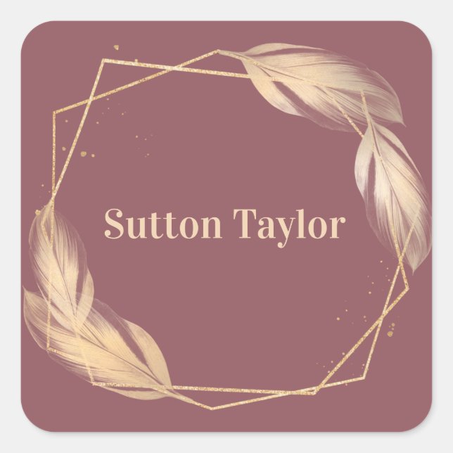 Golden Feathers on Mauve Square Sticker (Front)