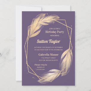 Golden Feathers on Plum Birthday Party Invitation