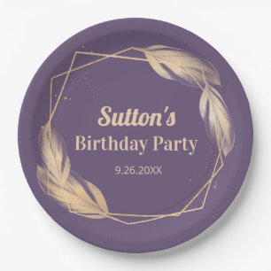 Golden Feathers on Plum Birthday Party Paper Plate