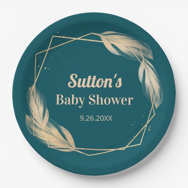 Golden Feathers on Teal Baby Shower Paper Plate (Front)
