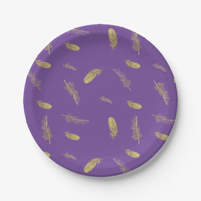 Golden Feathers Purple Paper Plate (Front)