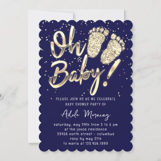 Golden Feet Baby Girl Boy Shower Blue Navy  Invitation (Front)